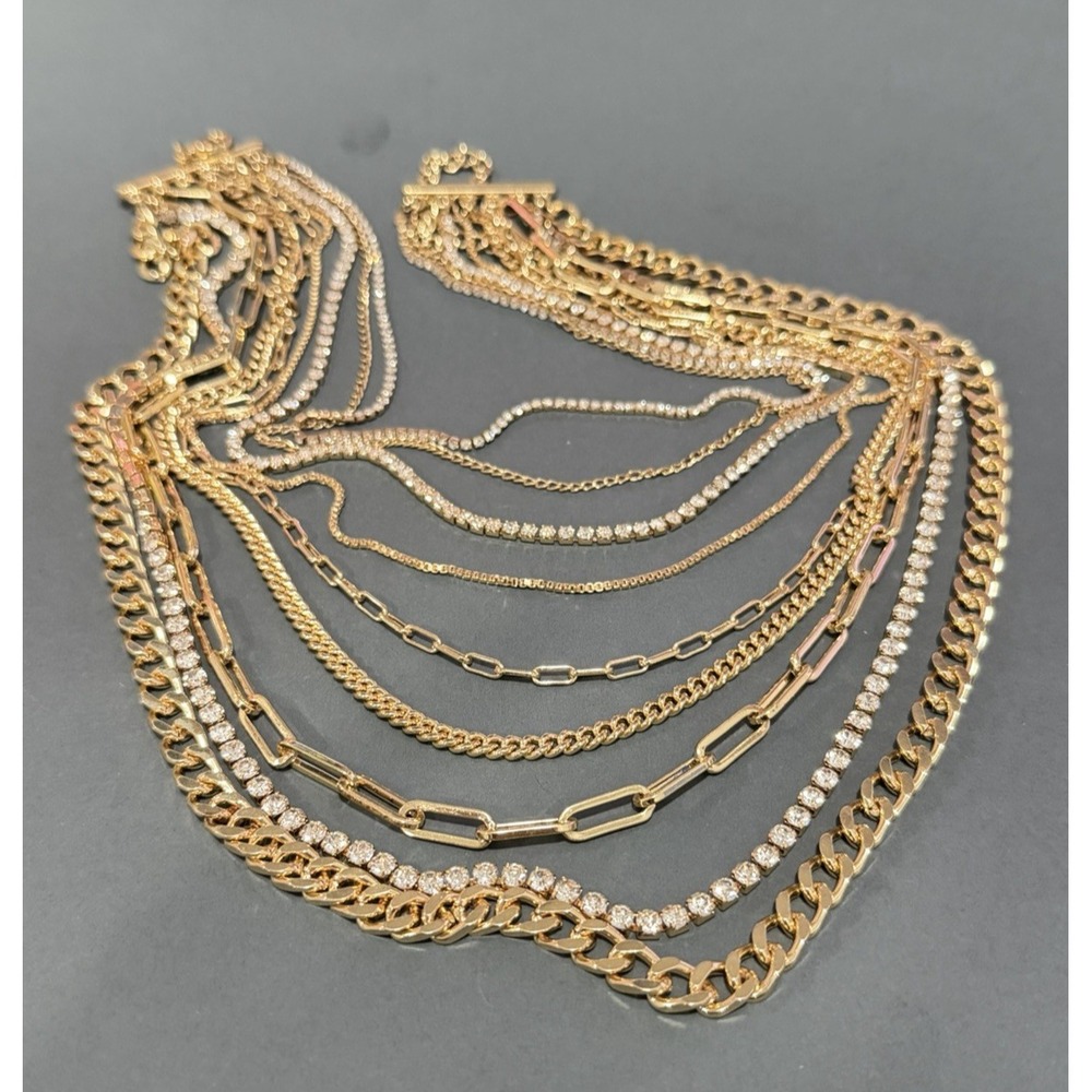 Gold Tone Multi Strand Layered Chain Necklace Rhinestone Statement 24" - Picture 11 of 11